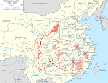 Eventually, the Communist insurgents were defeated and the CCP was forced to withdraw northwards in the Long March. Map of the Long March 1934-1935-en.svg