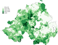 Percentage of people aged 3+ claiming to have some ability in Irish in the 2011 census Map of those with some ability in Irish in the 2011 census in Northern Ireland.png