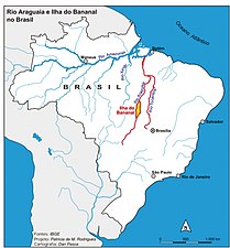 Um mapa do Brasil separado em Estados com indicações de populações Avá-Canoeiras no oeste de Tocantins e no norte de Goiás