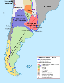 Provincial political allegiances in 1816 CE Mapa de argentina en 1816.svg