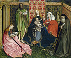 Vierge à l'Enfant avec des saintes dans un jardin clos, v. 1440/1460. Maître de Flémalle ou atelier de Robert Campin. National Gallery of Art, D.C[57]. L'influence de Campin se remarque dans le portrait de sainte Catherine assise et lisant, et dans les lourds plis de sa robe brodée.