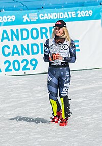 Mikaela Shiffrin of the United States, season champion for the eighth time Mikaela Shiffrin with the Small Crystal Globe 2023 Women's Slalom (9).jpg