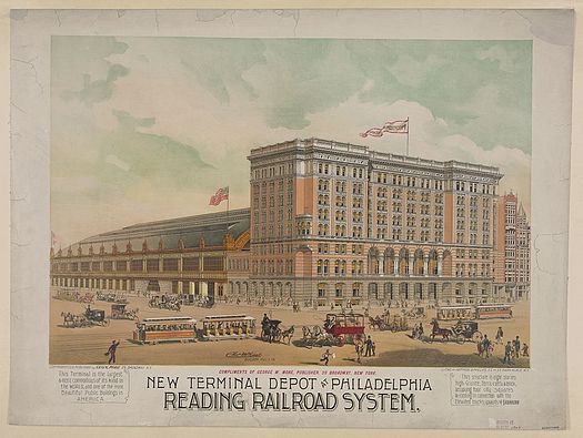 The Reading Terminal in Philadelphia, showing a nine-story brick head house to the right and arched train shed (with market below) to the left. New Terminal Depot at Philadelphia LOC 01533v.jpg