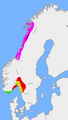 I regni norvegesi alla morte di Gudrød il Cacciatore, ca. 820 D.C. I regni più importanti erano Vestfold (rosso), Hålogaland (viola), Alvheim (giallo) e Agder (verde).