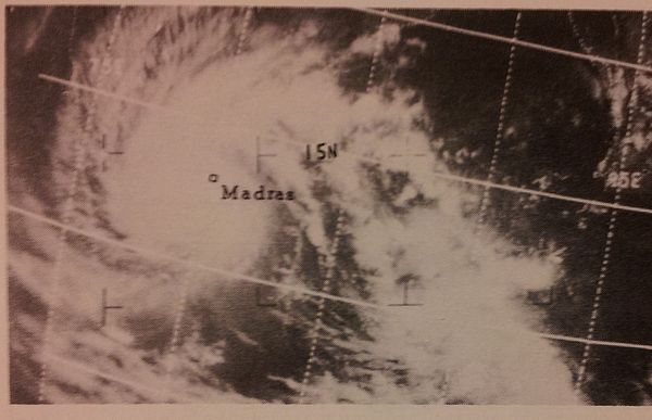 This ESSA 3 satellite image was taken on November 3, 1966, at 0819 UTC of a tropical cyclone striking Madras, India