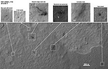 MSL debris field (August 17, 2012). Parachute landed 615 m (2,018 ft) away. (3-D: rover/parachute) PIA15696-HiRISE-MSL-Sol11 2 -br2.jpg