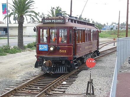 Waterfront Red Car in San Pedro, California. No. #501 PE "Huntington" type wooden streetcar is a replica operated on heritage tracks