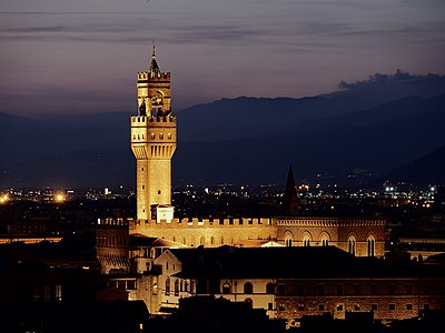 Florence landmark Palazzo Vecchio. Nigth view from Michelangelo hill, Florence, Italy. Telezoom used, nothing much changed, full size and croped.