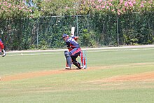 Nepal Captain Paras Khadka batting during the 2013 ICC World Cricket League Division Three in Bermuda Paras khadka.JPG