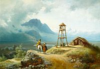 Кавказский пейзаж со сторожевой башней.