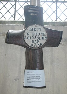 Monument made from an aircraft propeller in St Nicholas' parish church, Piddington, Oxfordshire, to Lt. Richard Stone, a 201 Squadron Sopwith Camel pilot killed in action in France on 9 August 1918 Piddington StNicholas MonumentStone.JPG