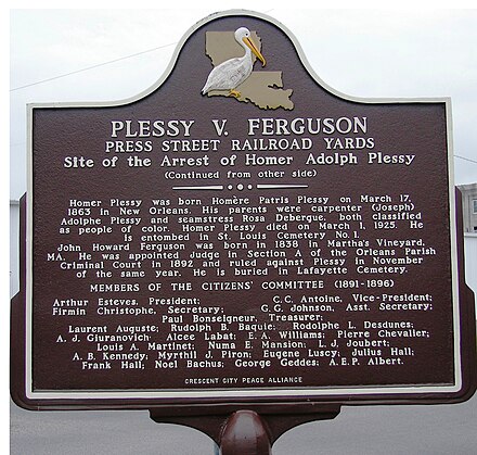 A placard marks the place in New Orleans where Chris C. Cain arrested Homer Plessy on June 7, 1892.