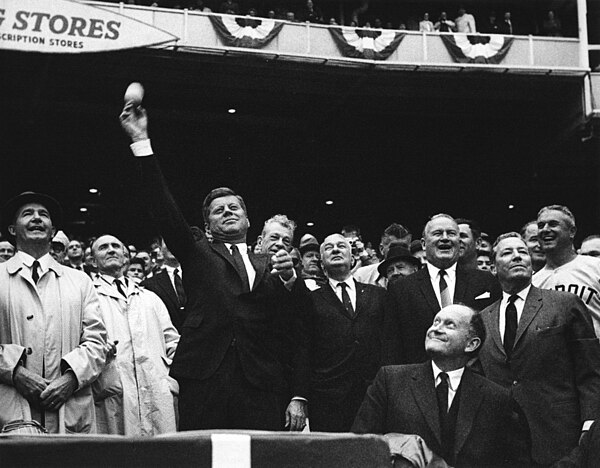 President Kennedy throws the first pitch of the 1962 baseball season at D.C. Stadium