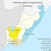 Carte du kraï du Primorié, avec dans le centre-sud-est la culture de Sini Gaï, celle Margartovka au sud le long du Golfe de Pierre-le-Grand. Dans l'est, le long de la mer du Japon, il y a la culture de Lidovka.