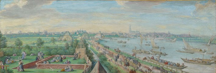 Profile of Amsterdam, Seen from the Landside label QS:Len,"Profile of Amsterdam, Seen from the Landside" label QS:Lpl,"Profil Amsterdamu widziany od wsi" label QS:Lnl,"Profiel van Amsterdam, gezien van de landzijde" 1589. gouache and gold on parchment mounted on panel. 11.7 × 33.1 cm (4.6 × 13 in). Massachusetts, Eijk and Rose-Marie van Otterloo Collection.