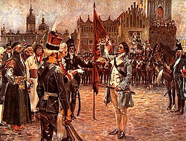 Tadeusz Kościuszko takes oath as leader of Kościuszko Uprising (1794) in Kraków market square label QS:Len,"Tadeusz Kościuszko takes oath as leader of Kościuszko Uprising (1794) in Kraków market square" label QS:Lpl,"Przysięga Kościuszki na Rynku w Krakowie w dniu 24 marca 1794 roku" , 1911