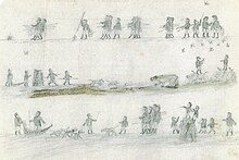 A crayon drawing, made of three separate scenes of various Inughuit hunters hunting with dogs and harpoons. A polar bear is visible in one of the scenes