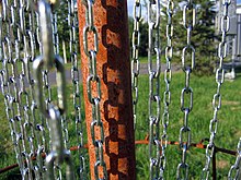 Chains on a disc golf basket Rantzow disc golf basket on the Halsans hus disc golf course in Lulea, Sweden in 2008. Hole 4%3F Photo 4.jpg