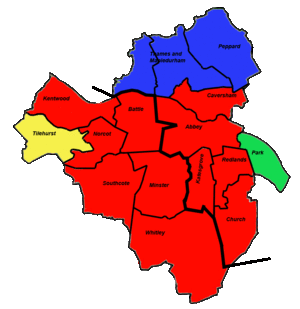 Map of the results of the 2016 Reading Borough Council election. Labour in red, Liberal Democrats in yellow, Conservatives in blue and the Greens in green. Reading Borough Council Electoral Make-Up 2012.gif