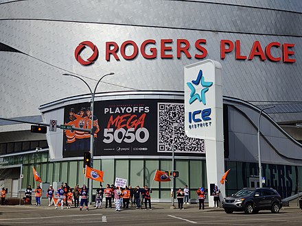 Fans outside Rogers Place during the first round of the 2022 Stanley Cup playoffs