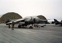 Harrier GR.3 of 1453 Flight at Stanley Airport in 1984 Royal Air Force (RAF) Hawker Siddeley Harrier GR3A 'L' (Lima) and 'T' (Tango) of 1453 Flight RAF on the flight-line at RAF Stanley, Falklands, 1984 21.jpg