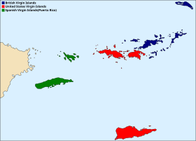 Îles Vierges divisées en trois groupes (britanniques en bleu, américaines en rouge et portoricaines ou espagnoles en vert)