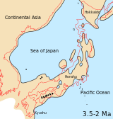 Japanese archipelago, Sea of Japan and surrounding part of continental East Asia in Middle Pliocene to Late Pliocene (3.5-2 Ma)