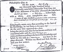 Seaman's Protection Certificate issued to James Forten Dunbar on 12 July 1810 at Philadelphia Pa. Seaman's Protection Certificate issued to James Forten Dunbar on 12 July 1810 at Philadlphia Pa.jpg