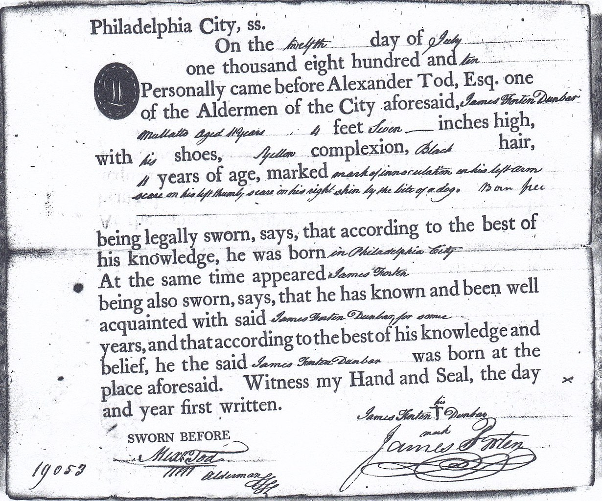 File:Seaman's Protection Certificate issued to James Forten Dunbar