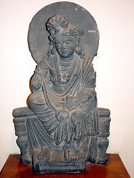 Seated Avalokiteshvara bodhisattva. Gandharan, from Loriyan Tangai. Kushan period, 1st – 3rd century CE. Indian Museum, Calcutta