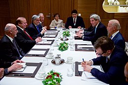 Nawaz at a trilateral meeting with Joe Biden during the World Economic Forum in Switzerland. Secretary Kerry Addresses Afghanistan President Ghani and Pakistan Prime Minister Sharif During Trilateral Meeting With Vice President Biden on Sidelines of World Economic Forum in Switzerland (23890500733).jpg