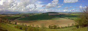 The dip slope of the South Downs, as seen from Angmering Park Estate near Arundel (panoramic view).