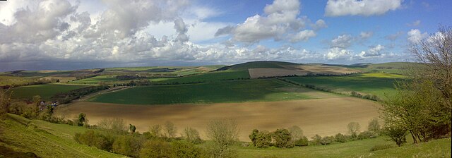 The dip slope of the South Downs, as seen from Angmering Park Estate near Arundel (panoramic view)