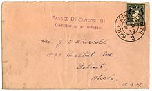 Envelope from Dublin to USA showing a bilingual Irish censor handstamp used 8 September 1939, just six days after the enabling legislation was enacted Stamp Irl-USA sept 39 censorHS.jpg