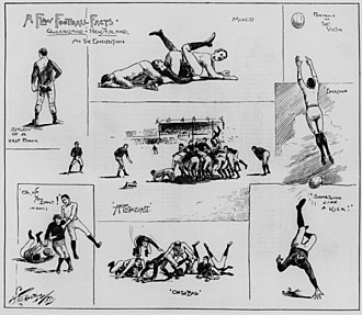 A series of sketches published in The Queenslander of one of New Zealand's matches against Queensland StateLibQld 2 48736 A few football facts - Queensland vs. New Zealand Rugby Union match at the Brisbane Exhibition Grounds, 1893.jpg