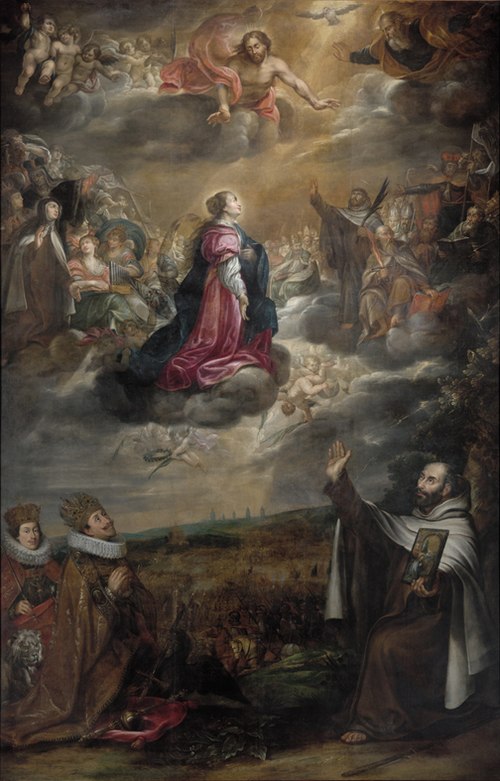 Painting celebrating the Catholic victory, by Anton Stevens (c. 1610–1675). In the upper part there is Our Lady of Victory surrounded by saints; in th