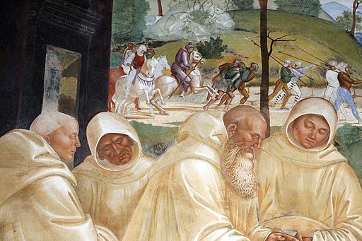 Storie di s. benedetto, 28 signorelli - Come Benedetto riconosce e accoglie Totila 03