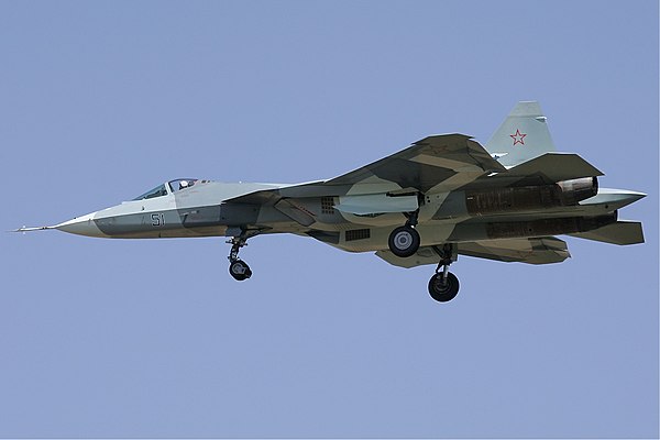 Sukhoi Su-57 in flight with landing gear deployed, 2010