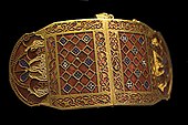 Shoulder-clasps from Sutton Hoo; early 7th century; gold, glass & garnet; length: 12.7 cm; British Museum