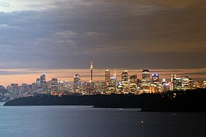 Sydney cityscape at dusk, viewed from the North Head lookout