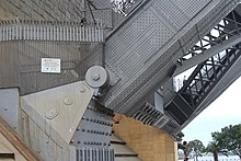 Hinges at one of the springing points of the Sydney Harbour Bridge, a two-hinged 504-metre-long (1,654 ft) bridge built in 1925. Sydney Harbour Bridge hinge.jpg