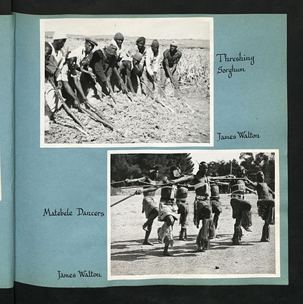 A photo of men threshing sorghum (top) and Matebele dancers (bottom) by James Walton