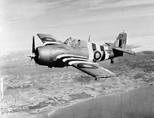 A Fleet Air Arm Wildcat in 1944, showing "invasion stripes" The Royal Navy during the Second World War A24529.jpg