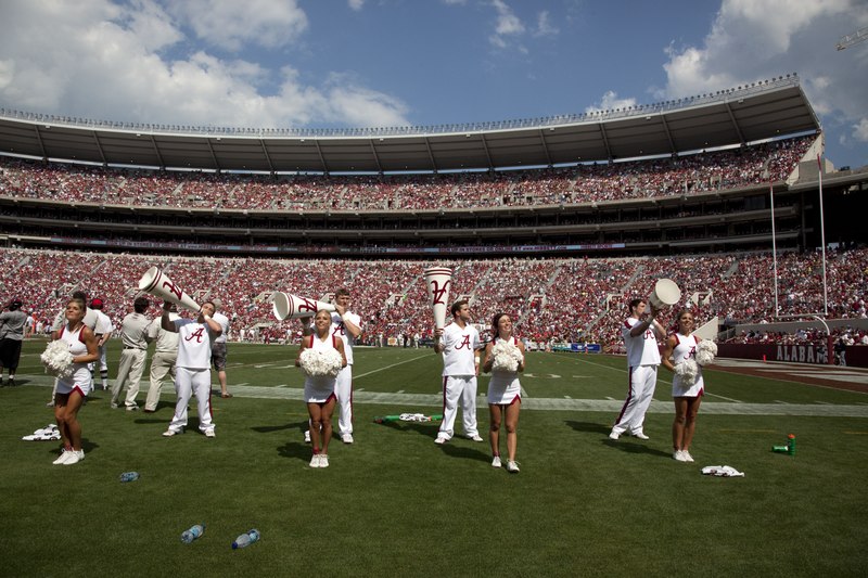 File:The cheerleaders are amazing to watch. The boys throw the girls into the air as they cheer on their winning team. University of Alabama football game, Tuscaloosa, Alabama LCCN2010638343.tif