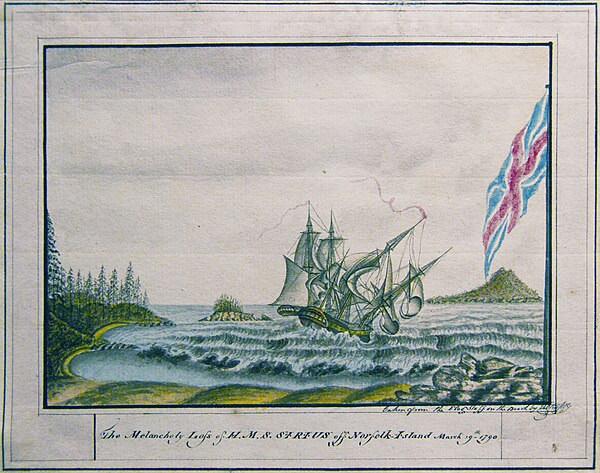 The melancholy loss of HMS Sirius off Norfolk Island 19 March 1790, by the on-board artist George Raper, National Library of Australia