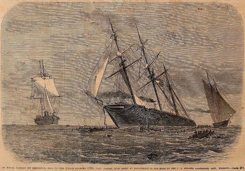 File:The naval victory off Cherbourg, June 13. The pirate Alabama (290), Capt. Semmes, sunk after an engagement of one hour by the U.S. Steamer Kearsarge, Capt. Winslow. FL 1864.jpg
