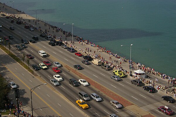 View of Lake Shore Drive taken from the Rubloff building, near the Lake Michigan shoreline