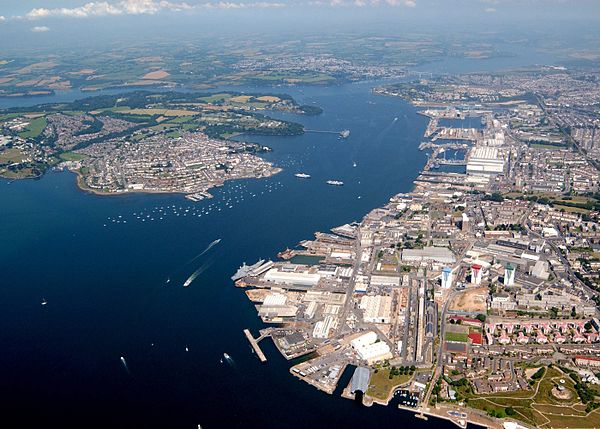 Aerial view of HMNB Devonport: the South Yard (in the foreground) dates from 1692, since when the dockyard has expanded northwards (towards the top of