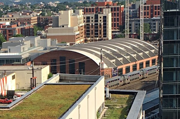 An aerial view of the historic Uline Arena, now a renovated REI store.