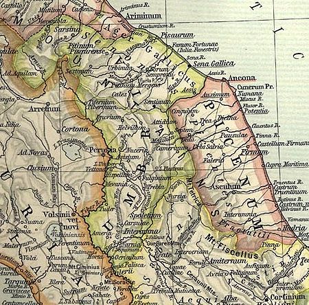 Ancient Umbria and the Gallic coast. Extracted and adapted from The Historical Atlas by William R. Shepherd, 1911. Umbria et Picenum.JPG